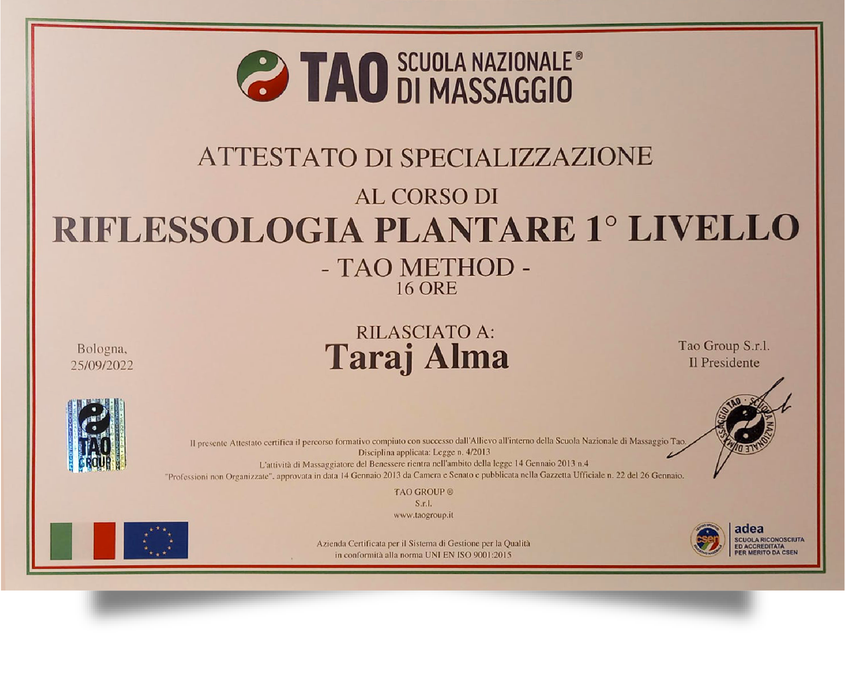 riflessologia plantare 1livello attestato